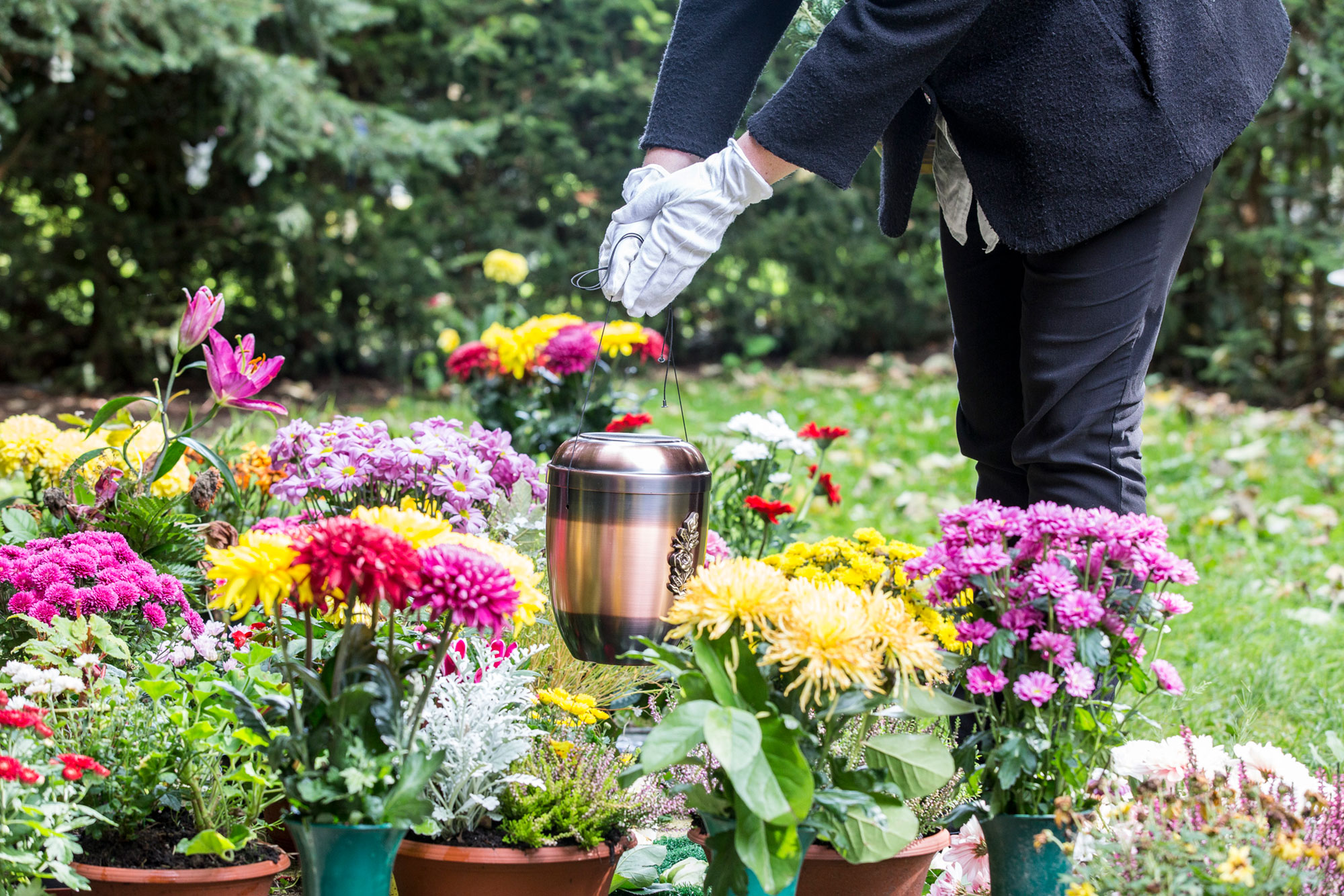 Bestattungsmitarbeiter setzt eine Urne bei