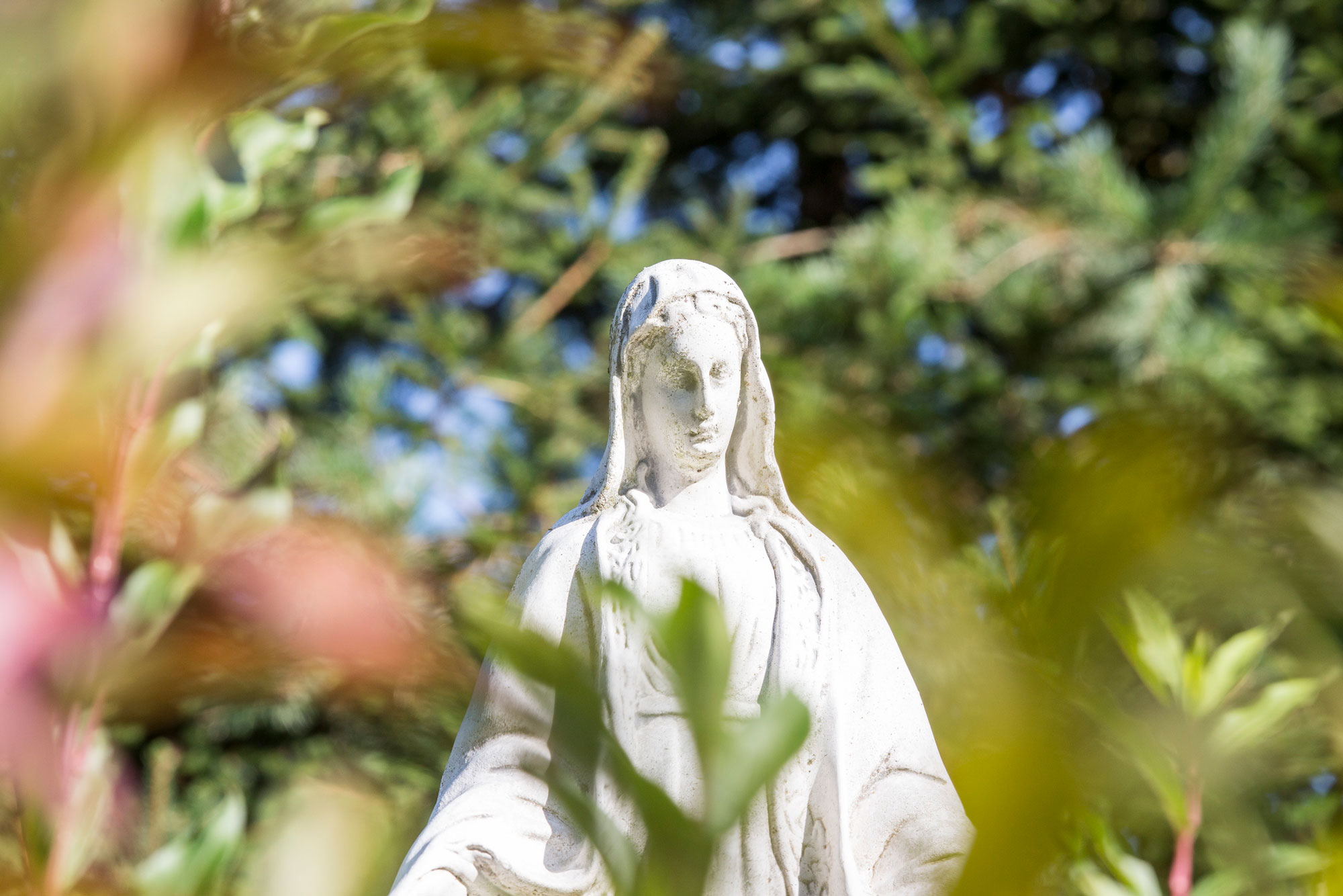Weiße Marienstatue auf einem Thüringer Friedhof