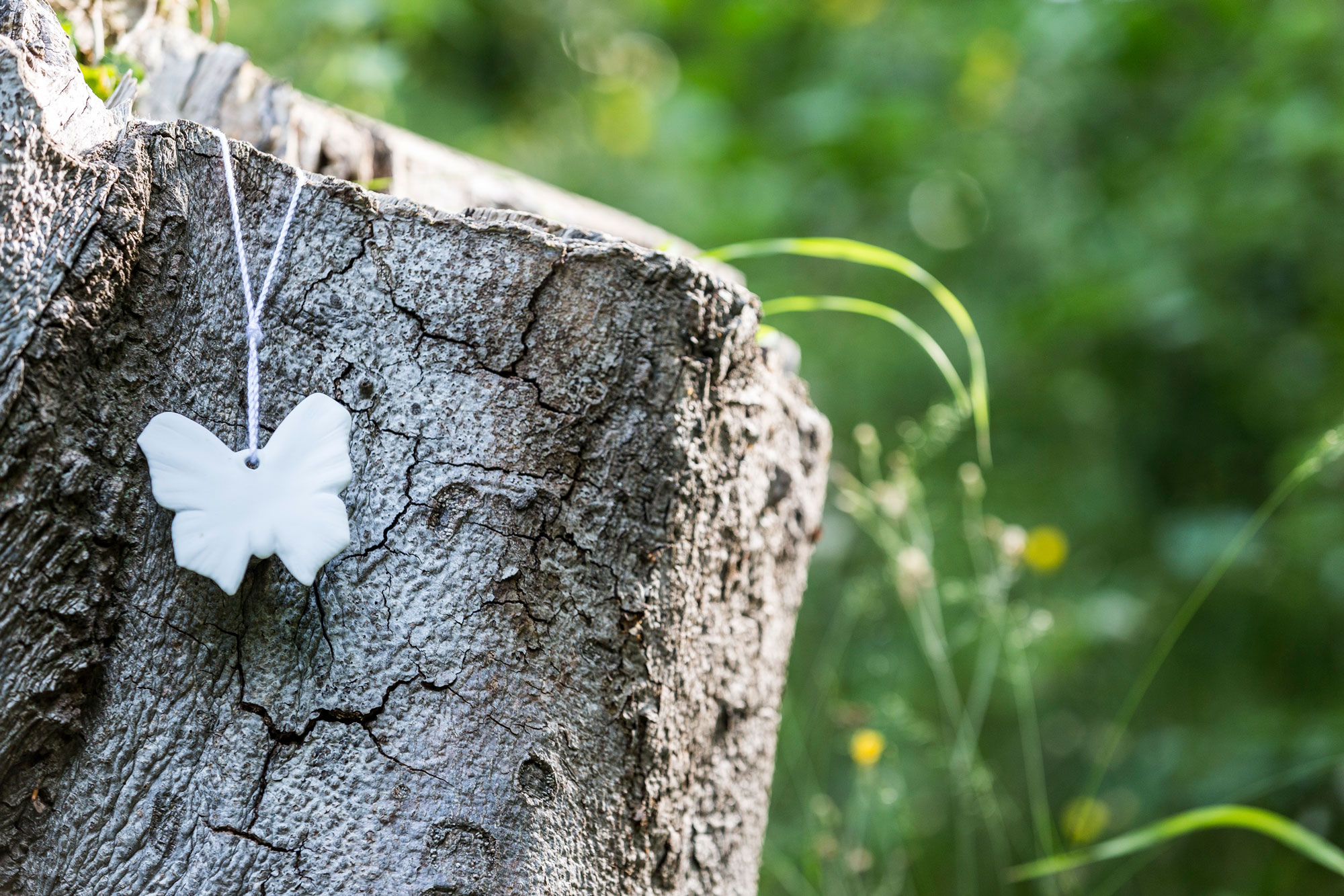 Weißer Schmetterlings-Anhänger hängt an einem Baumstumpf